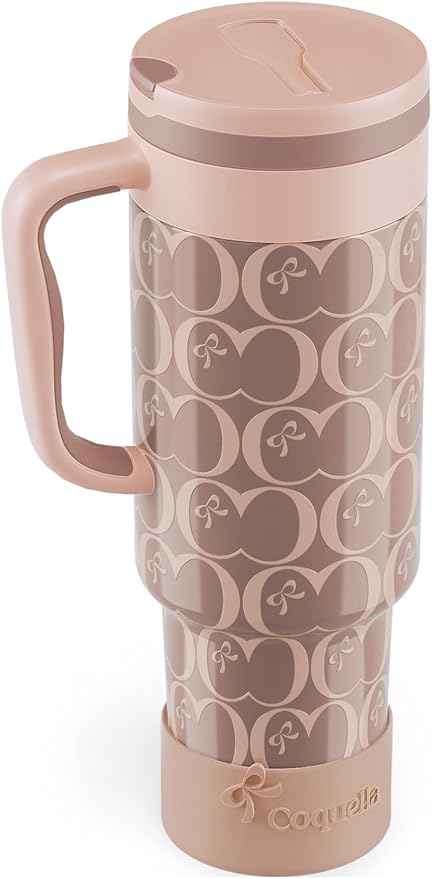 40 oz Insulated Tumbler with Handle and Push-Button Straw Lid, Stainless Steel Travel Cup for Gym Office, Leakproof, BPA-Free, Cup Holder Friendly, Bow Silicone Boot, Brown (C’ Espresso)