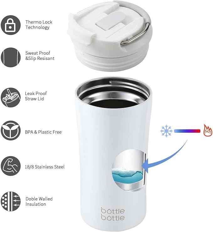 BOTTLE BOTTLE Coffee Tumbler with Dual-use Lid and Straw Double Walled Iced Travel Coffee Mug for Woman and Man 12 oz Stainless Steel Insulated Tumbler with Handle (white)