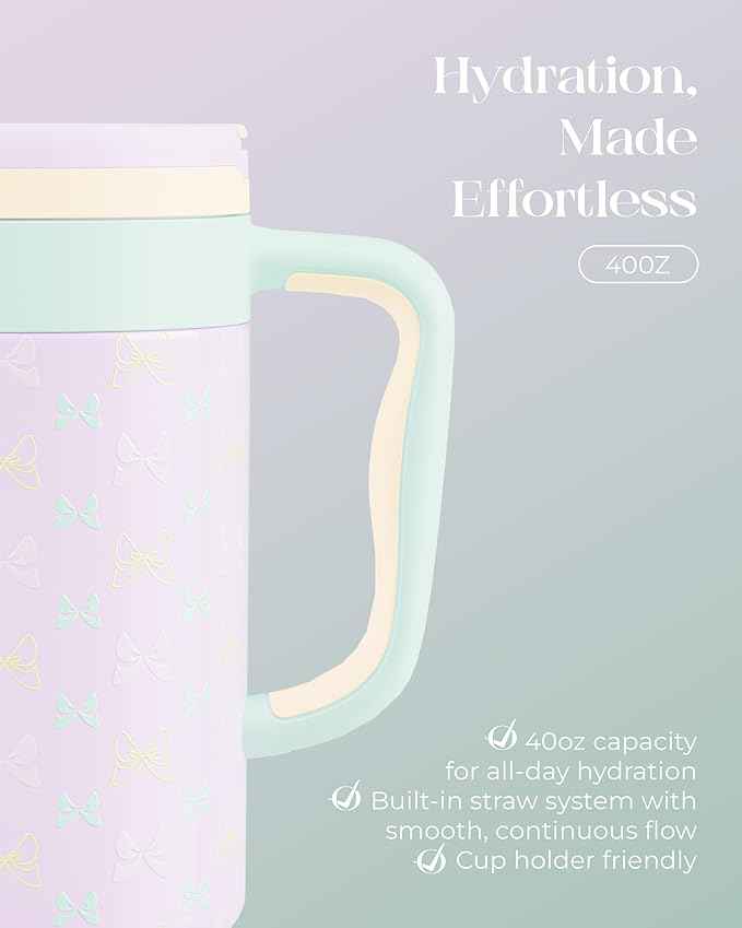 40 oz Insulated Tumbler with Handle and Push-Button Straw Lid, Stainless Steel Travel Cup for Gym Office, Leakproof, BPA-Free, Cup Holder Friendly, Bow Silicone Boot, Purple (Bow Lilac)