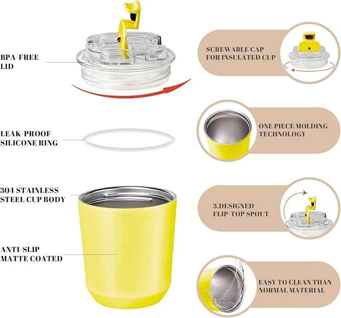 Puraville Insulated Tumblers with Lid, 10 oz Travel Coffee Mug Stainless Steel Vacuum Cup, Leak Proof Reusable Double Walled Coffee Tumbler for Iced and Hot Drinks, Yellow