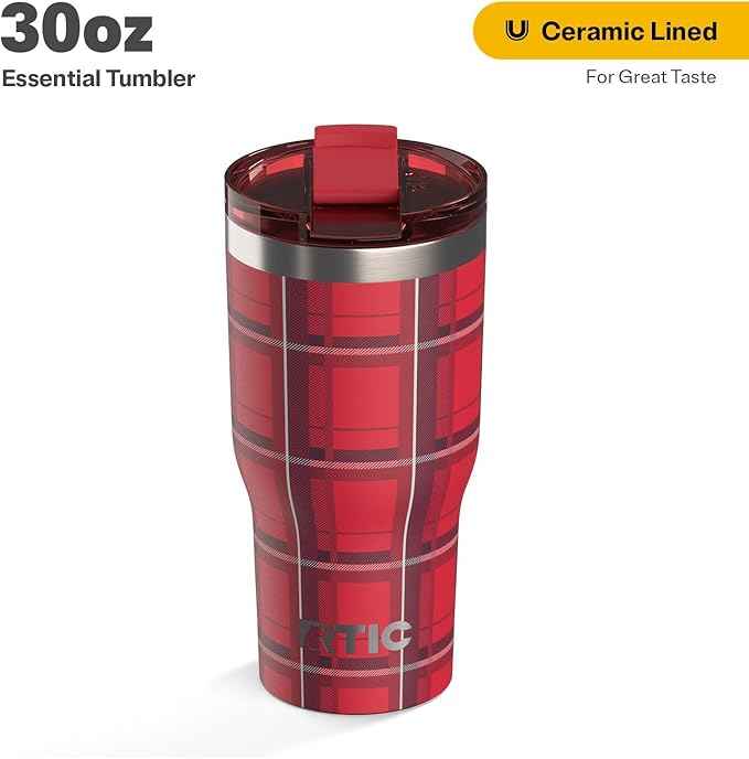 RTIC 30oz Essential Tumbler with Lid, Ceramic Lined, Insulated, Stainless Steel, Metal, Double Wall Vacuum-Insulation, Travel Cup for Iced Coffee, Tea, Hot and Cold Drink, Red Plaid