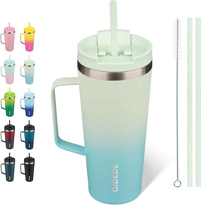 BJPKPK Insulated Tumbler with Handle, 22oz Insulated Tumblers with Lid and Straw, Stainless Steel Metal Water Bottles, Coffee Travel Mugs, Cups, Mint