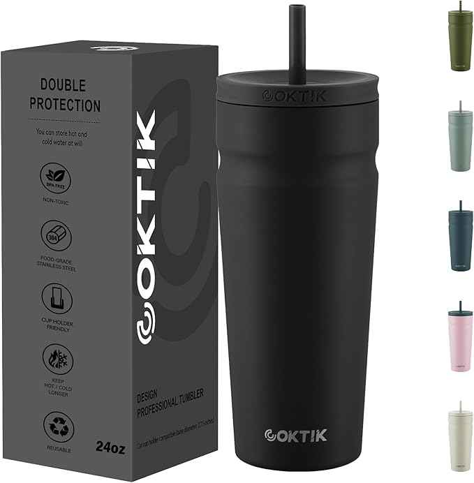 COKTIK 24oz Insulated Tumbler with Lid and Straw Iced Coffee Cup Reusable Stainless Steel Travel Mug Water Bottle Cupholder Friendly for Women Men Her Him (Black)