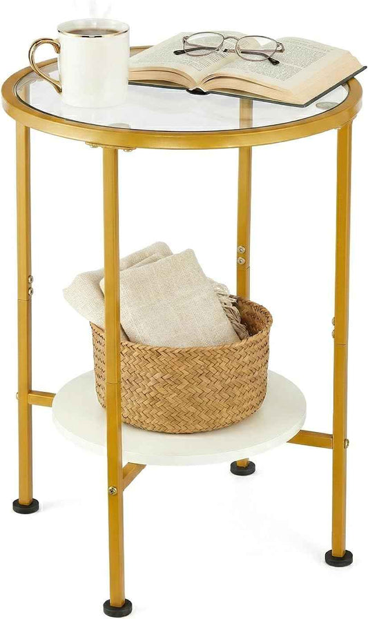 Round Gold Side Table, 2 Tier Tempered Glass Top End Table with White Storage Shelf for Living Room,Modern Small Nightstand for Bedroom,Metal Accent Bedside Table for Small Spaces