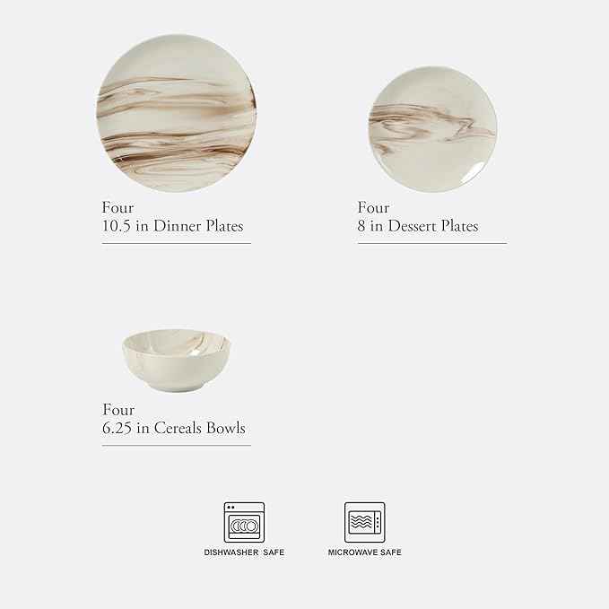Gibson Home Cloudlight 12 Piece Plates and Bowls Dishes Brown and White - Decorated Porcelain Ceramic Dinnerware Set - Service for 4