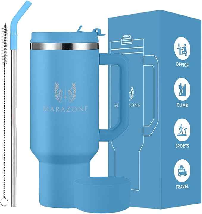MARAZONE 40oz Stainless Steel Travel Tumbler with Handle, Three-Position Lid, Straw with Silicone Tip, Vacuum Insulated Water Bottle for Hot & Cold Drinks, Great Gifts for Mom, Sky Blue