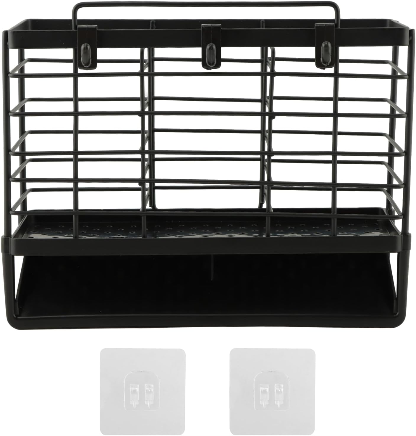 3-Compartment Dish Drying Rack for Kitchen, Carbon Steel Utensil Holder with Drain Tray, Utensil Caddy Organizer for Knives, Forks, Spoons, Chopsticks, Wall Mount or Countertop(COLOR:Black)
