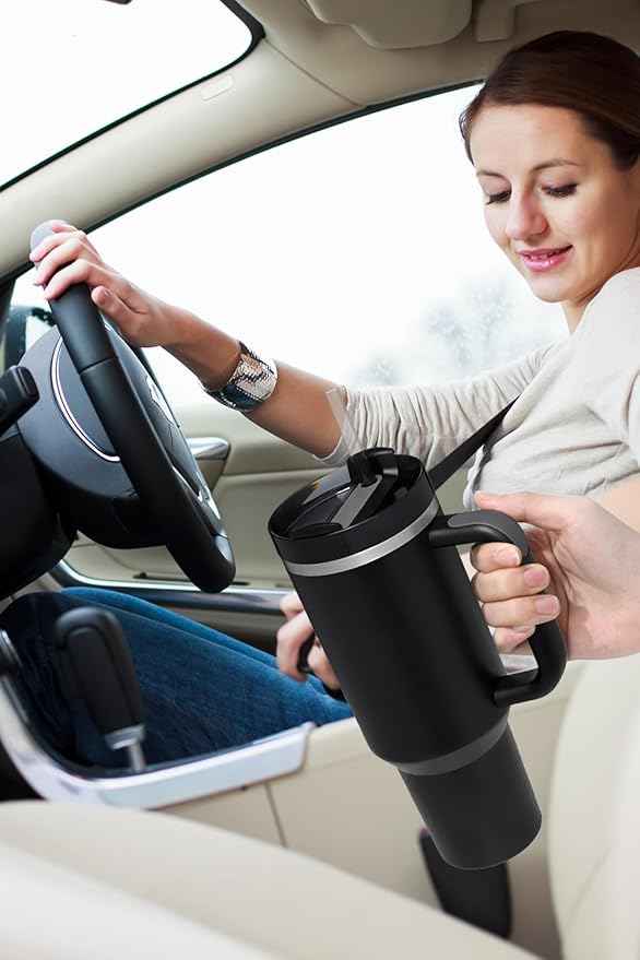 Tumbler with Handle & Straw 40 oz | Twist On 3-Way Lid | Cupholder Compatible for Travel | Insulated Stainless Steel Cup | BPA-Free |Tumbler with Lid and Straw for Water, Iced Tea or Coffee| black