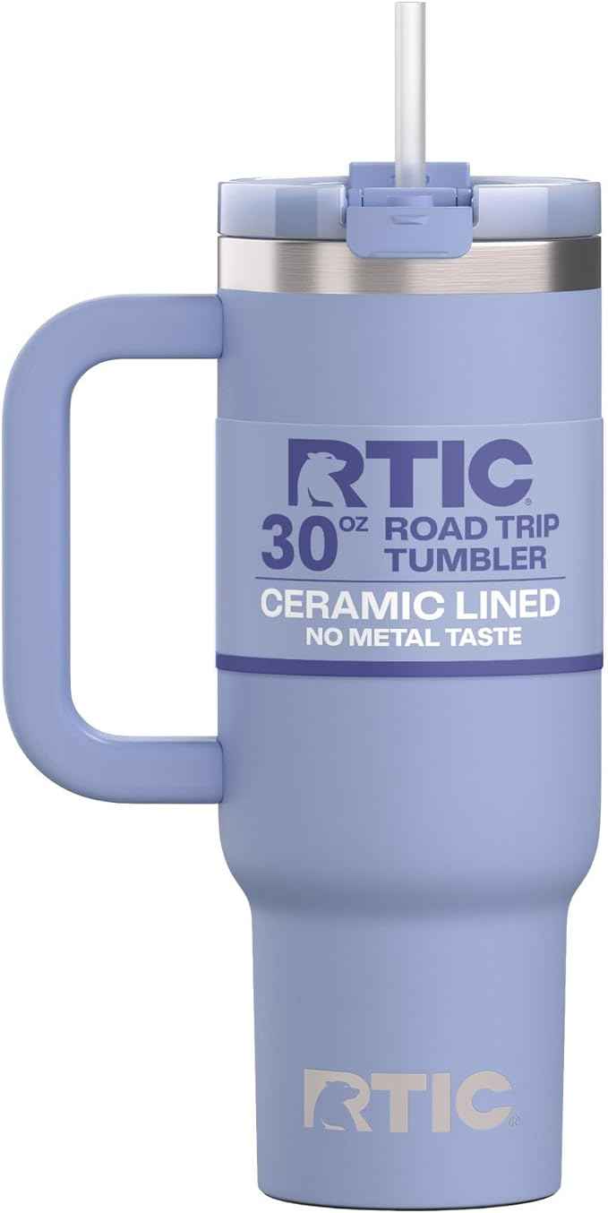 RTIC 30 oz Road Trip Tumbler Double-Walled Ceramic Lined InsulatedStainless Steel Portable Travel Coffee Mug Cup with Lid, Handle and Straw, Periwinkle