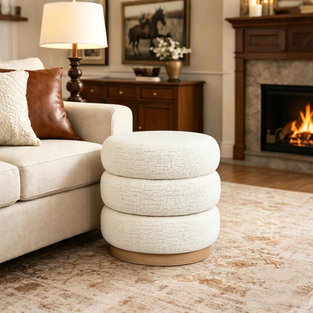 Velvet Round Pouf Ottoman, 16.5" Modern Upholstered Footrest Stool for Living Room & Bedroom Vanity, White