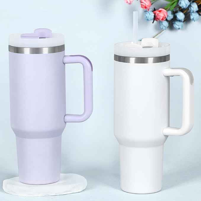 4 Pack 40 Oz Tumbler with Handle Bulk, Double Wall Vacuum Insulated Stainless Steel Tumbler with Lid and Straw, 40 oz cup with Silicone Spill Proof Stopper Set (White)