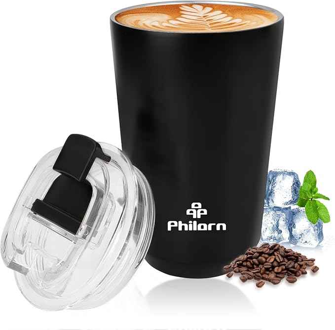 PHILORN Travel Mug Spill Proof - 12 OZ Insulated Coffee Cup With Lid, Black Stainless Steel Coffee Mug with Double Wall, For Hot and Cold Drinks