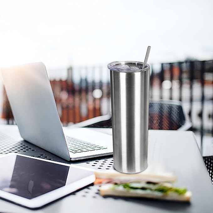 20 oz Skinny Tumblers with Lid and Straw,Stainless Steel Vacuum Insulated Tumbler Cup Double Wall Travel Coffee Mug, Thermal Water Tumbler for Hot and Cold Drinks(Silver,8)