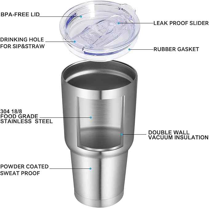 DOMICARE 30oz Tumbler Bulk with Lid and Straw, Double Wall Travel Coffee Mug, Insulated Vacuum Stainless Steel Tumblers, Powder Coated Tumbler Cup (Stainless Steel, 8)