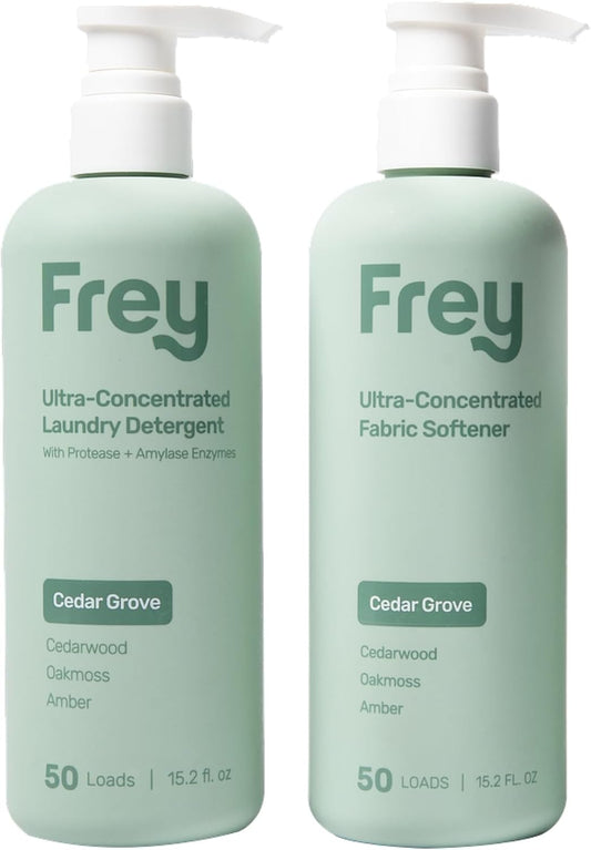 FREY Concentrated Liquid Laundry Detergent | Formulated for Sensitive Skin & HE Washers | Removes Stains Effectively | 50 Loads per Bottle (2-pack Cedar Grove)