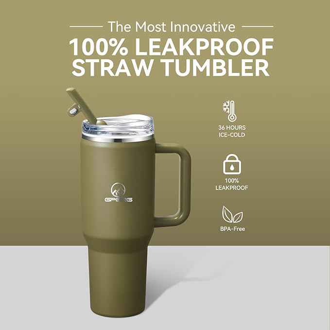 Gpeng 30/40/50 oz Tumbler with Handle, Water Bottles with Straw Lid, Insulated Stainless Steel Travel Mug Cup Holder Friendly, Keep Drinks Cold or Hot for Hours (ArmyGreen, 40 oz)