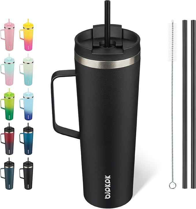 BJPKPK Insulated Tumbler with Handle, 30oz Insulated Tumblers with Lid and Straw, Stainless Steel Metal Water Bottles, Coffee Travel Mugs, Cups, Black