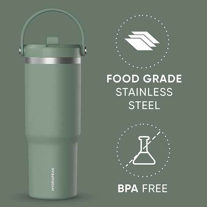 Hydrapeak Nomad 32 oz Tumbler with Handle and Straw Lid, Leakproof, Double Insulated, 32oz Cup, Stainless Steel | Sage Leaf