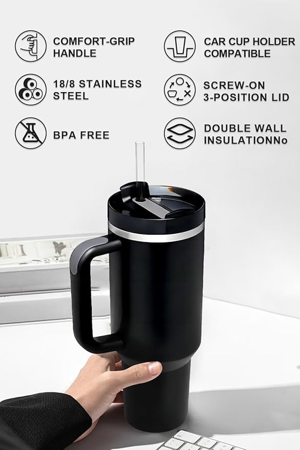 Tumbler with Handle & Straw 40 oz | Twist On 3-Way Lid | Cupholder Compatible for Travel | Insulated Stainless Steel Cup | BPA-Free |Tumbler with Lid and Straw for Water, Iced Tea or Coffee| black