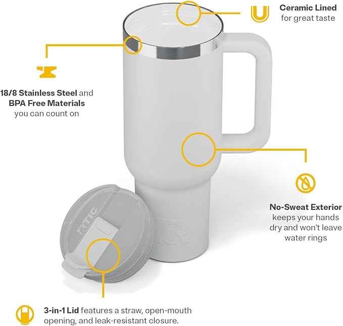 RTIC 40 oz Road Trip Tumbler Double-Walled Cermaic Lined Insulated Stainless Steel Portable Travel Coffee Mug Cup with Lid, Handle and Straw, Cool Grey