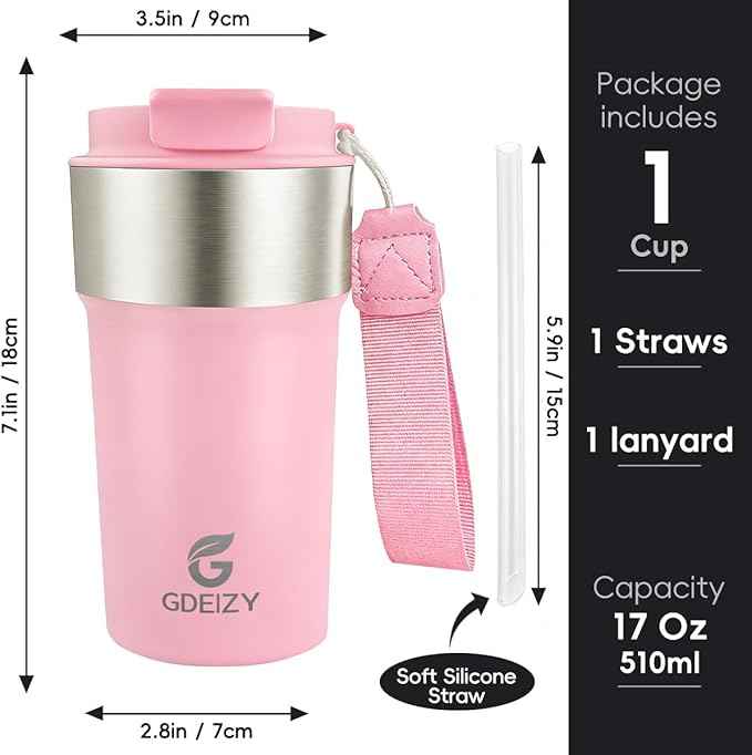 Insulated Coffee Mug, 17oz Stainless Steel Travel Mug with Flip-Top Straw Lid, Leak Proof Vacuum Insulated Tumbler, Reusable Coffee Cup for Hot & Cold Drinks, Pink