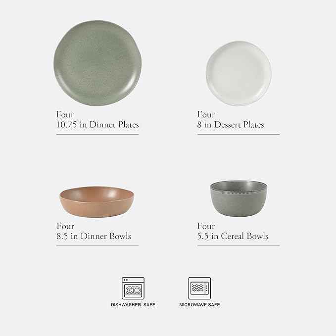 Gibson Elite Menlo Park 16-Piece Pottery Clay Stoneware Dinnerware Set – Assorted Color Reactive Glaze, Organic Shape Embossed Plates and Bowls W/Pasta Bowl, Service for 4 Microwave Dishwasher Safe