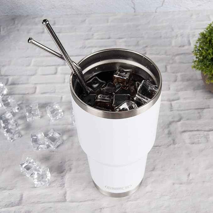 D·S 30oz White Tumbler Stainless Steel Double Wall Vacuum Insulated Mug with Straw and Lid, Cleaning Brush for Cold and Hot Beverages (30oz White)