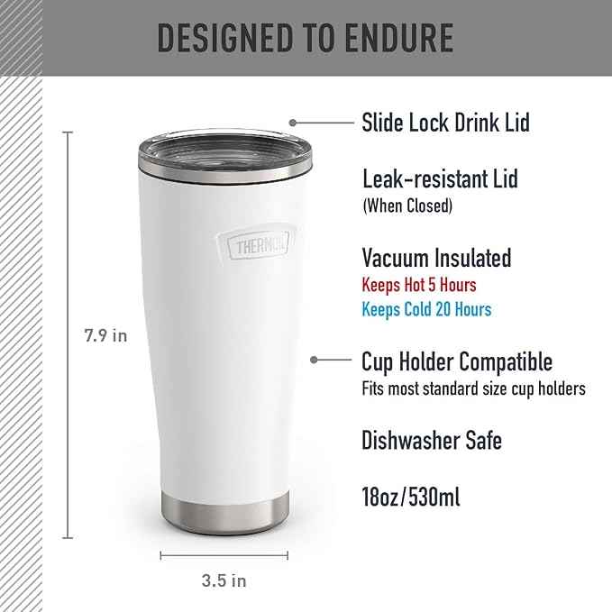 THERMOS ICON SERIES, Stainless Steel Tumbler with Slide Lock, 18 Ounce, White