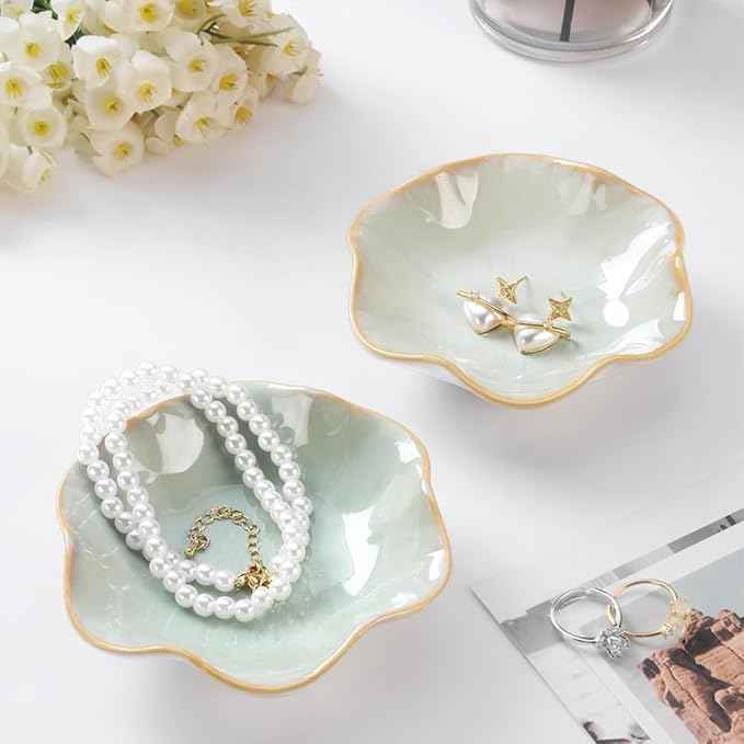 Lotus Leaf Shape Ring Holder Dish, Small Key Bowl, Ceramic Trinket Tray Jewelry Dish Organizing Necklace Earrings for Mom Friend Sister. All Jewelries Are NOT Included. Purple.
