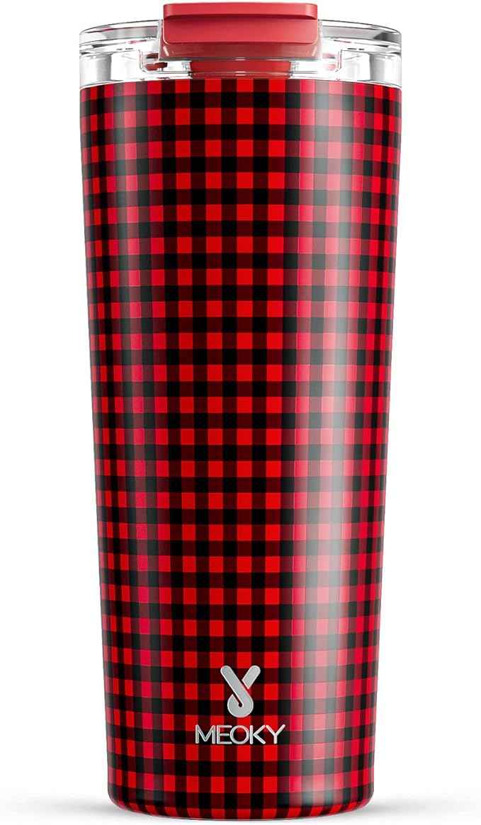 Meoky 24 oz Travel Coffee Mug with Leak-proof Lid, Stainless Steel Insulated Coffee Tumbler, Keeps Hot for 8 Hours or Cold for 24 Hours, Fits in Car Cup Holder (Crimson Plaid)