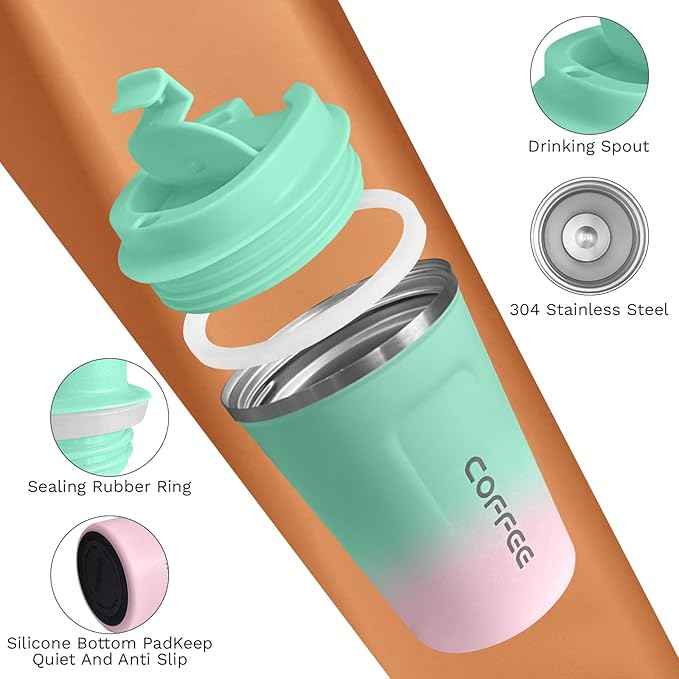 SPLMIFA Travel Coffee Mug Leak-Proof, Reusable Coffee Cups with Lids, Stainless Steel Vacuum Insulated Coffee Tumblers, Thermal Insulation Cup for Men and Women Hot & Cold Drinks(2nd-Green Pink, 12OZ)