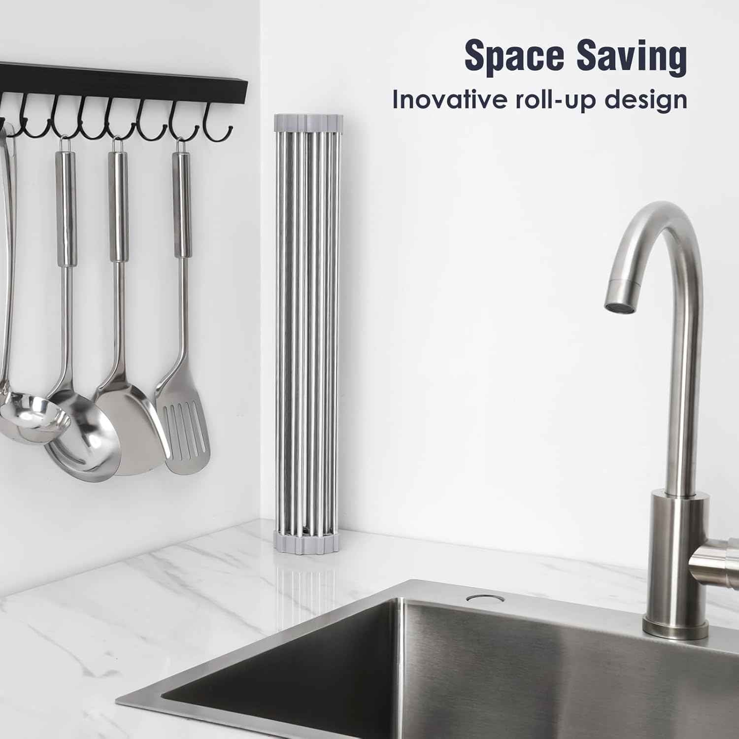 Tomorotec 17.7" x 15.5" Roll Up Dish Drying Rack Over Sink Drying Rack Sink Cover Kitchen Sink Accessories Gadget Multipurpose Organizer Foldable Stainless Steel Drainer (Grey)