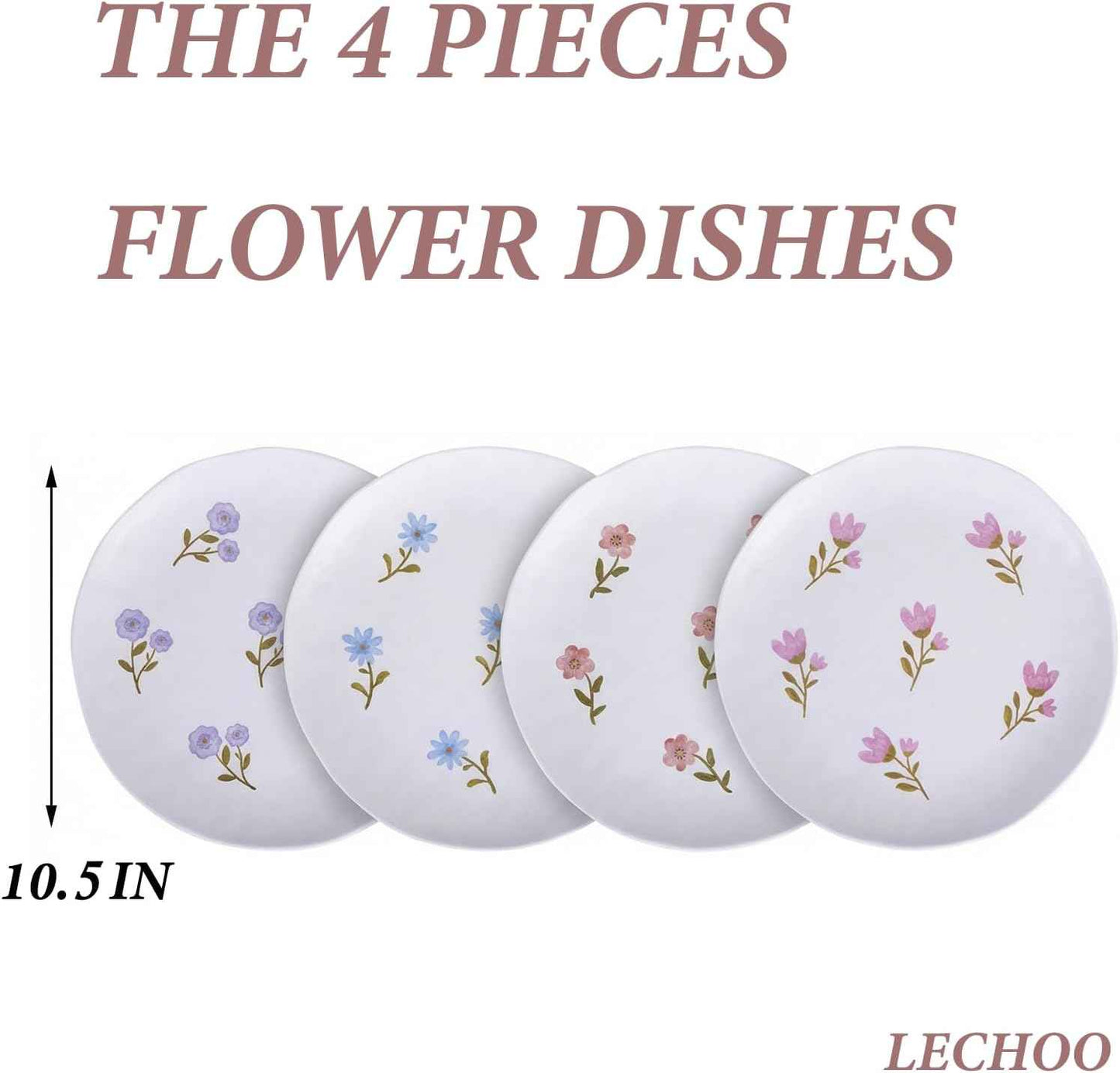Floral Melamine Dinner Plates Set of 4, 10.5 inches Round Salad Plates, Unbreakable Dessert Plate, Camping Dishes Reusable Dishwasher Safe Plates for Indoor and Outdoor, Break-resistant