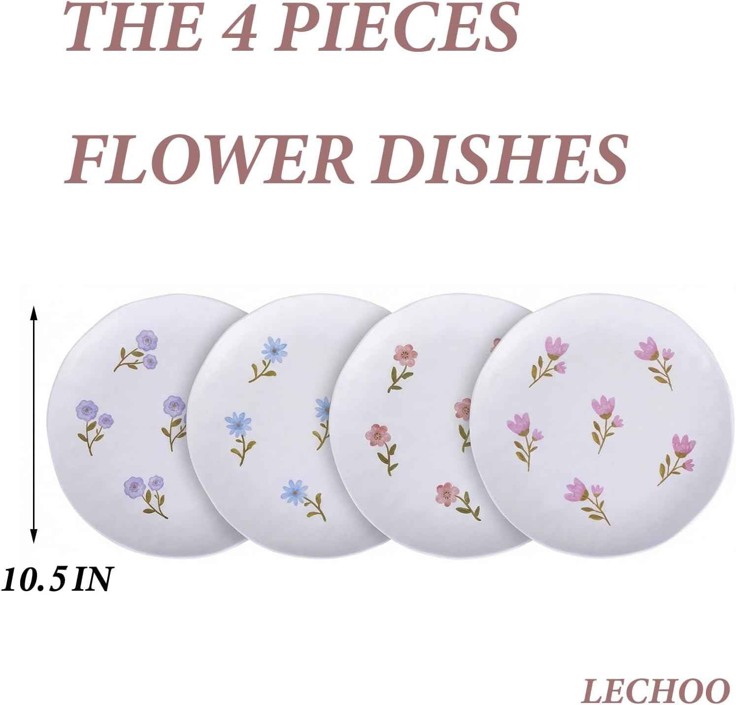 Floral Melamine Dinner Plates Set of 4, 10.5 inches Round Salad Plates, Unbreakable Dessert Plate, Camping Dishes Reusable Dishwasher Safe Plates for Indoor and Outdoor, Break-resistant