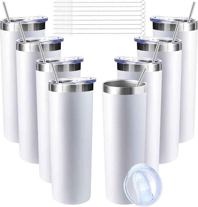 20 oz Skinny Tumblers with Lid and Straw,Stainless Steel Vacuum Insulated Tumbler Cup Double Wall Travel Coffee Mug, Thermal Water Tumbler for Hot and Cold Drinks(White,8)