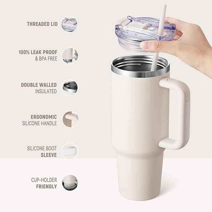 COKTIK 40 oz Tumbler With Handle and Straw, Insulated Tumbler With Leakproof Lids, Stainless Steel|BPA-Free, Cold for 24 H (Beige)