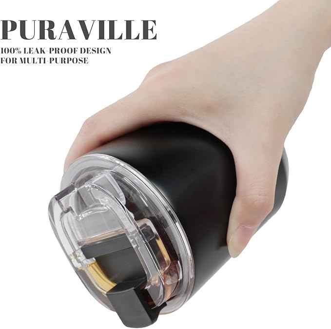 Puraville 2 Pack Insulated Tumblers with Lid, 10 oz Travel Coffee Mug Stainless Steel Vacuum Cup, Leak Proof Double Walled Coffee Tumbler for Iced and Hot Drinks, Black and Cream