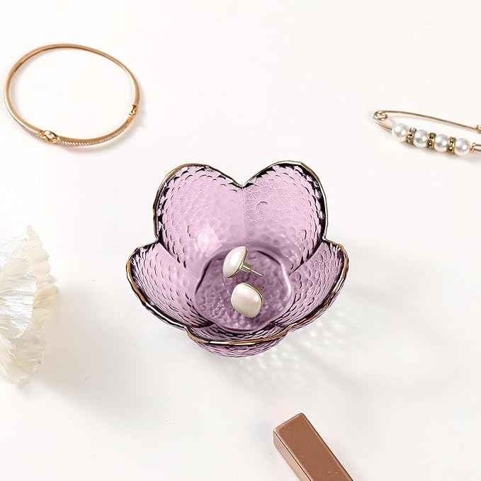 Gifts for Women Purple Flower Jewelry Dish Glass Ring Holder Decorative Jewelry Tray Cute Vanity Room Decor Aesthetic Nightstand Bathroom Decor Trinket Dish Friendship Birthday Christmas Gifts (2pcs)