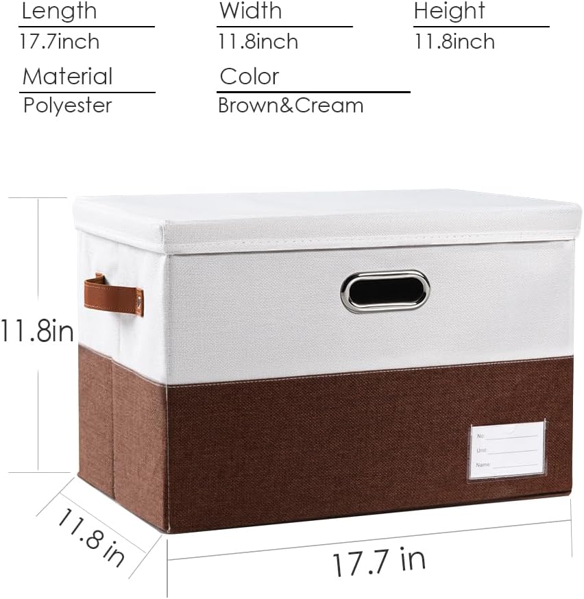 PRANDOM Foldable Storage Bins with Lids [3-Pack] Fabric Collapsible Storage Boxes Baskets Cubes Containers with Handles for Closet Living Room Bedroom (Brown & White 17.7x11.8x11.8'')
