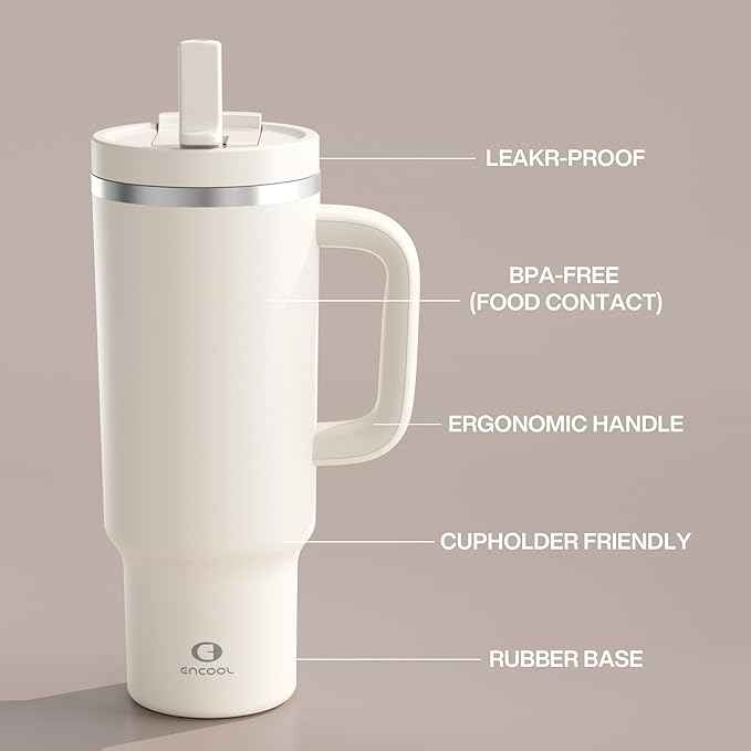 ENCOOL 40 oz Tumbler with Handle and Straw: Stainless Steel Insulated Tumbler Keeps Cold for 24 Hours, Leakproof Travel Cup Fits in Cup Holder and BPA-Free, Cream Moon