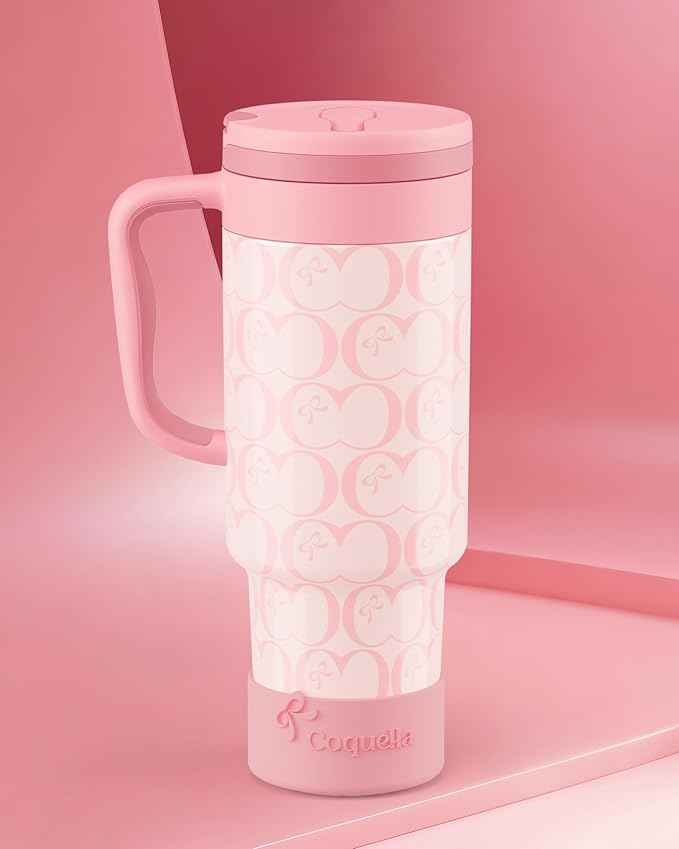 40 oz Insulated Tumbler with Handle and Push-Button Straw Lid, Stainless Steel Travel Cup for Gym Office, Leakproof, BPA-Free, Cup Holder Friendly, Bow Silicone Boot, Pink (C’ Blush)