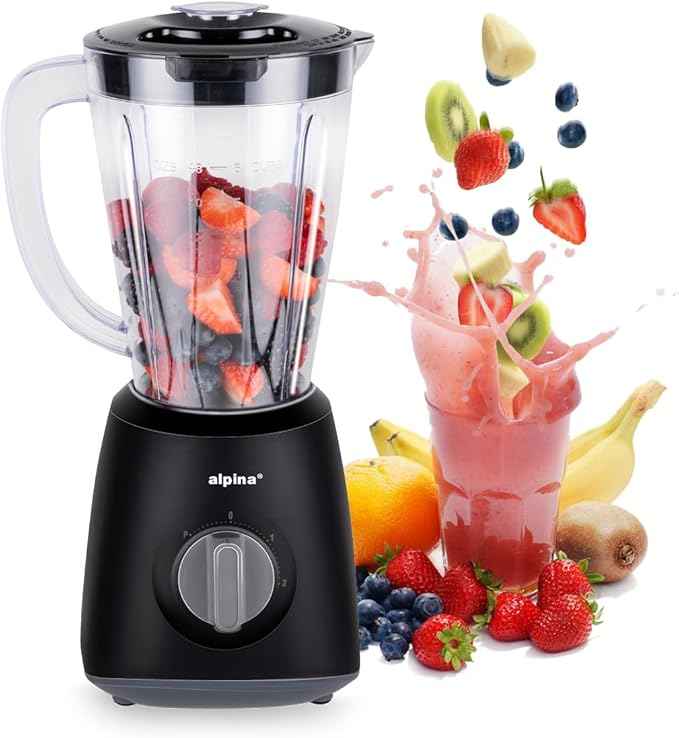 alpina Blender 1.5L, Liquidifier 400 W, Blender Jug with Turbo Function, Plastic Blender, Stainless Steel Blades, Black