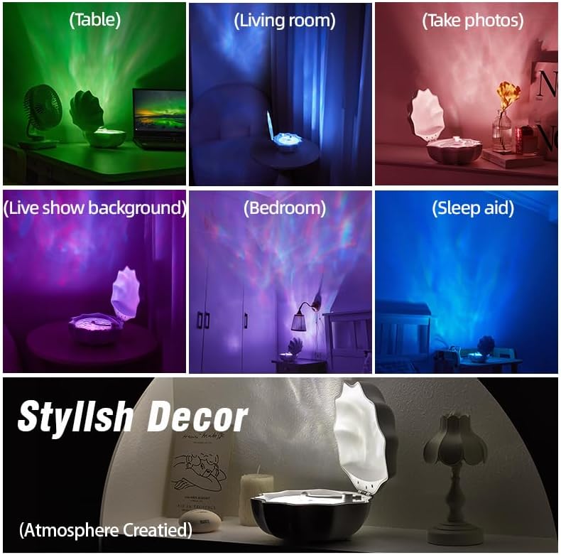 Northern Lights Projector, Night Light Projector for Bedroom Built-in Bluetooth Speaker, White Noise, Shell Night Light for Room Decor/Gift for Kids/Party/Music/Relaxation/Birthday (White)