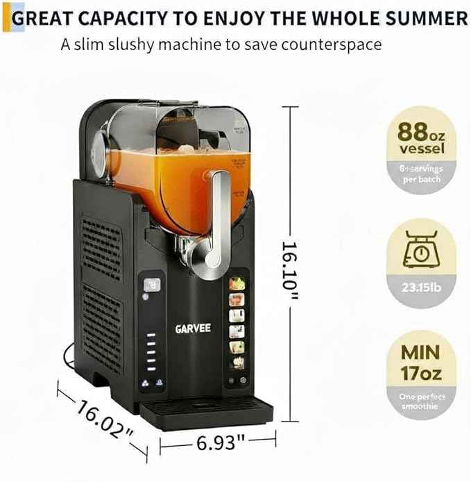 Garvee Slushie Machine for Home No Ice Needed, Frozen Drink Maker with LED Display & 6 Pre-Set Programs, Self-Cleaning Function 88 oz Large Capacity for Frozen Margaritas,Frappés,Ice Cream,