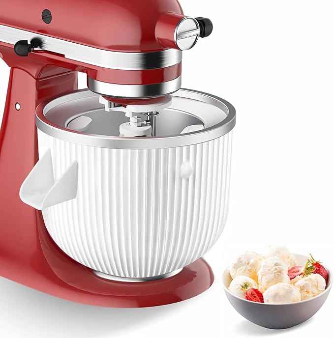 Ice Cream Maker Attachment for KitchenAid Mixers, Fits KitchenAid 4.5/5QT & 6QT Stand Mixers, Frozen Ice Cream & Sorbet Gelato Maker for KitchenAid, 2 Quart, White(Machine/Mixer Not Included)