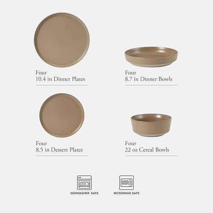 Gibson Elite Overbrook 16-Piece Pottery Clay Stoneware Dinnerware Set – Terraccotta Brown Reactive Glaze, Stackable Plates and Bowls w/Pasta Bowl, Service for 4 – Microwave & Dishwasher Safe