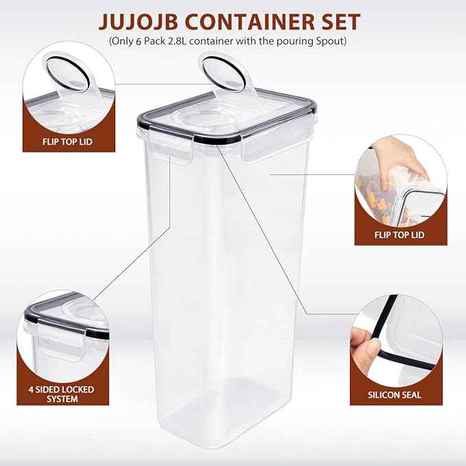 JUJOJB 64 PCS Airtight Food Storage Containers With Lids BPA Free,6 Pack With Pouring Spout Cereal Containers Storage for Kitchen Pantry Organization and Storage,Dishwasher safe,Labels Marker