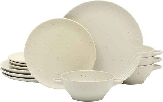 Gibson Elite Clover Hill 12-Piece Stoneware Dinnerware Set – White Cream Embossed Plates and Bowls with Matte Speckled Reactive Glaze, Service for 4 – Microwave & Dishwasher Safe