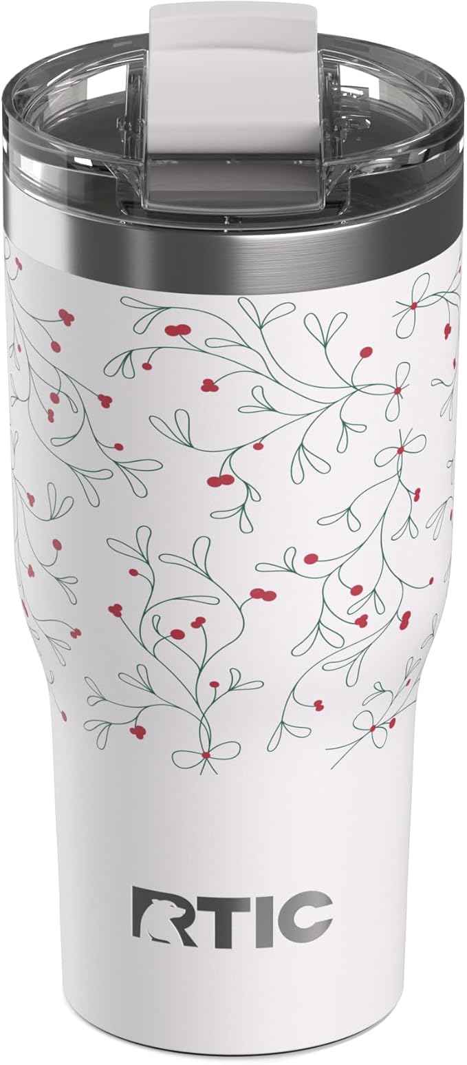 RTIC 20oz Essential Tumbler with Lid, Ceramic Lined, Insulated, Stainless Steel, Metal, Double Wall Vacuum-Insulation, Travel Cup for Iced Coffee, Tea, Hot and Cold Drink, Mistletoe