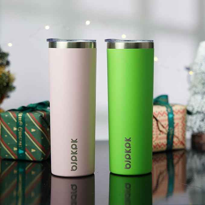 BJPKPK 20 oz Skinny Tumbler with Lid 2 Pack Slim Insulated Travel Coffee Cup Stainless Steel Thermal Mug,Green,Light Pink